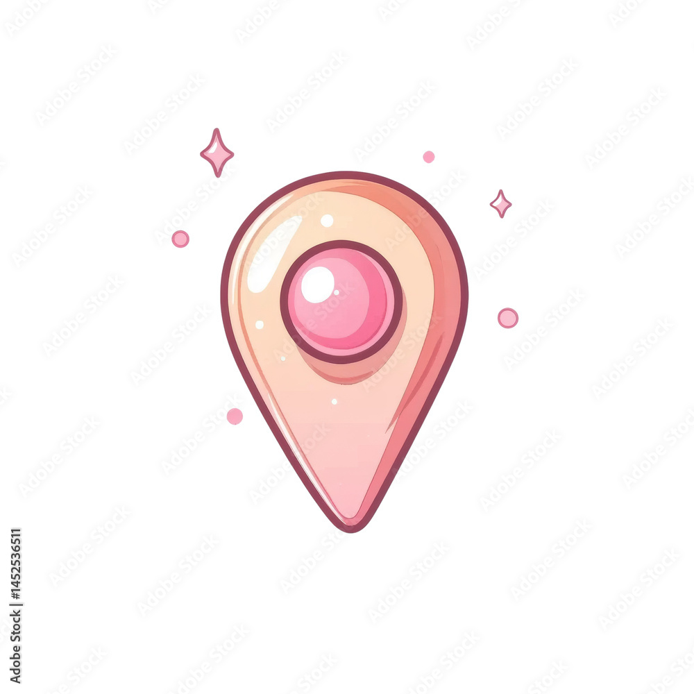Poster stylized location marker icon floating amidst glimmering particles on transparent space