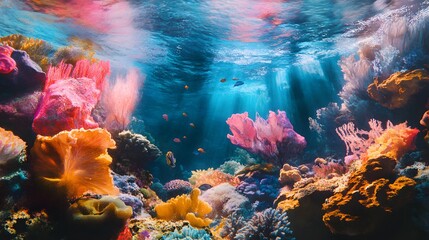 Digital illustration of a vibrant coral reef teeming with colorful fish and illuminated by sunlight rays.