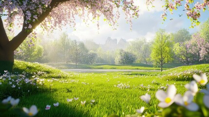 Fototapeta premium Spring meadow with fresh wet grass and morning dew, peaceful and rejuvenating outdoor scene