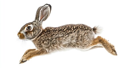 Profile view of a snow hare mid-leap, white background