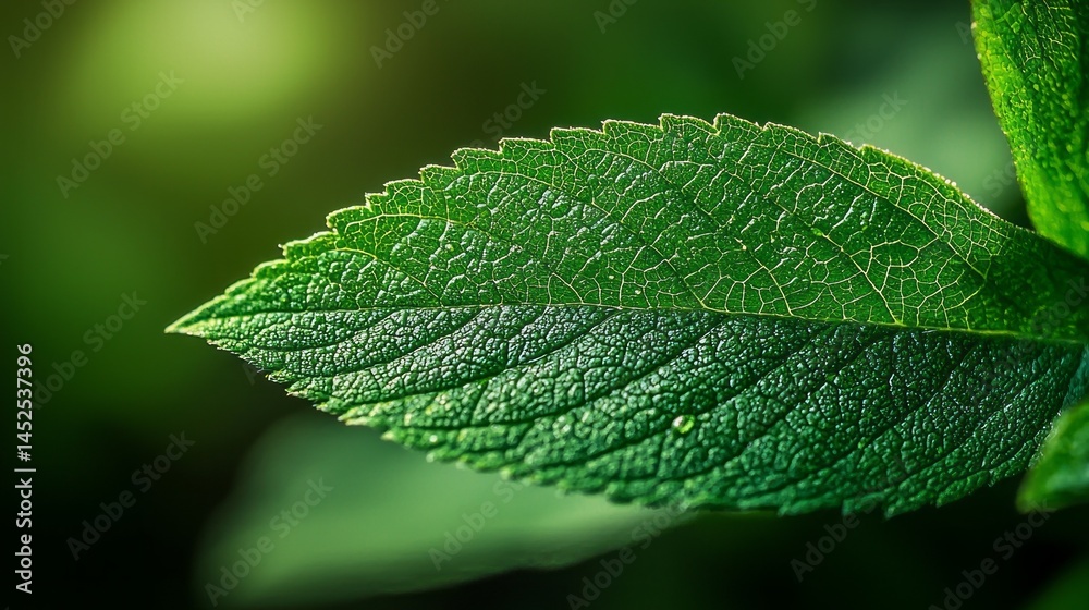 Aufkleber A close-up view captures a bright green leaf with visible veins and textures. The background features soft, blurred greenery, highlighting the leaf's details in natural light