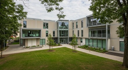 Obraz premium Modern Beige Stone Building with Glass Facade and Green Courtyard