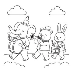 Cheerful Animal Band Parade Coloring Page with Elephant Bear and Rabbit Outline