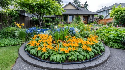 Colorful flower garden in front of a home