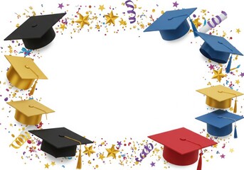 Graduation caps and confetti arranged in a border around a white background
