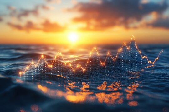 A glowing graph overlays ocean waves at sunset, blending data visualization with a natural seascape under a vibrant sky.