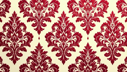 Bold, symmetrical damask pattern in rich burgundy and cream , vector, acanthus, fabric