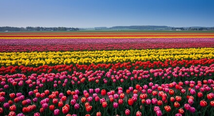 Striped Field of Colorful Tulips Under a Blue Sky