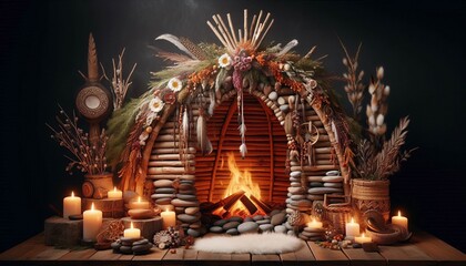 Native American Sweat Lodge Willow frame heated stones pine resi