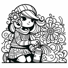 Creative Girl Spraying Flowers in Black and White Illustration