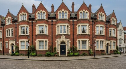 Fototapeta premium Row of Red Brick Houses on Cobblestone Street