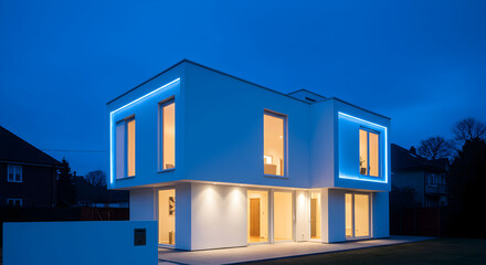 Modern Residential House With Illumination At Dusk Time Exterior View