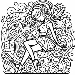 Fototapeta premium Stylish Girl Surrounded by Music and Waves - Coloring Page