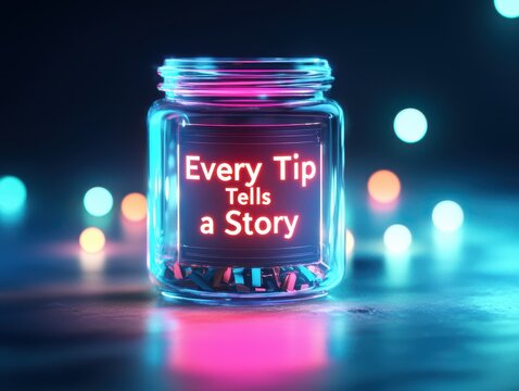 Tipping Recognition Concept. A glowing jar with a message illuminated, surrounded by colorful bokeh lights.