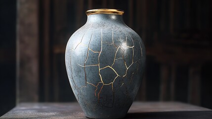 Elegant grey crackle glaze vase gold rimmed antique aesthetic dark background studio shot