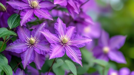 Purple clematis flowers in full bloom.