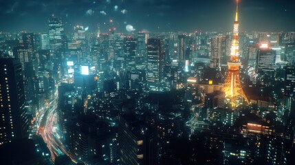 Night cityscape view of Tokyo, Japan.  City lights, buildings, skyscrapers, illuminated streets,  a bustling urban scene at night