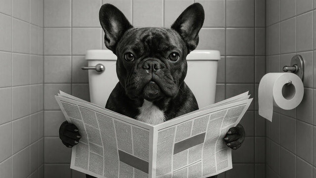 Fototapeta French bulldog reading newspaper humor