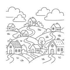 Picturesque Village Landscape with Houses Hills and Clouds in a Black and White Style