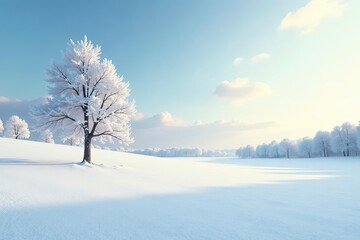 Fototapeta premium Serene Winter Landscape A Solitary Frost-Covered Tree in a Snow-Dusted Field Under a Pale Sky