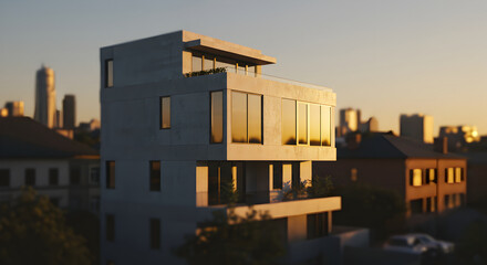 Contemporary Urban Dwelling With Golden Sunset Reflection And Cityscape View
