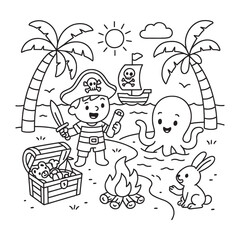 Pirate Adventure Coloring Page with Treasure Island Scene for Children's Activity