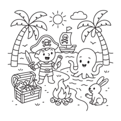 Pirate Adventure Coloring Page with Treasure Island Scene for Children's Activity