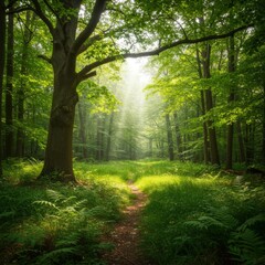 Fototapeta premium Sunlit Forest Path Through Lush Green Canopy