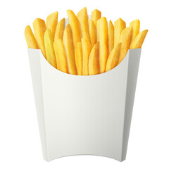 French fries in white paper bag isolated on a white background. Delicious French potato fast food pack box. Realistic 3d vector illustration.
