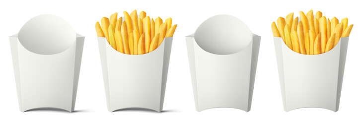 French fries in white paper bag isolated on a white background. Delicious French potato fast food pack boxes. Empty And Full. Realistic 3d vector illustration.