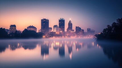 Misty city skyline at dawn reflected in calm water.  Urban landscape bathed in soft morning light