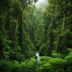 Lush Green Rainforest Landscape with a Small River