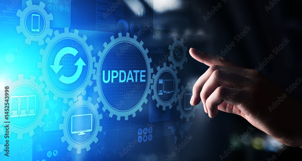 Poster update system upgrade software version technology concept on virtual screen.