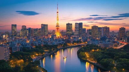 Naklejka premium Stunning Tokyo cityscape at twilight. Illuminated buildings, river, and vibrant sky. A beautiful panoramic view of the metropolis