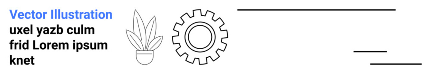 Gear icon beside a potted plant and placeholder text for industrial, work, eco themes. Ideal for technology, productivity, nature, balance, minimalism, design eco-friendly flat landing page banner