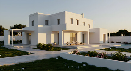 Modern White Villa Exterior With Landscaped Garden at Sunset