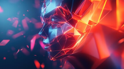 Futuristic polygonal female face, illuminated by vibrant light.  Geometric, digital, and abstract portrait