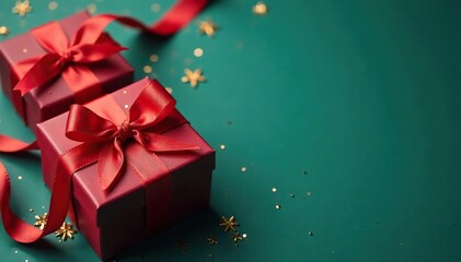 Elegant red ribbon tied gift boxes, gold accents, cheerful, christmas, merry
