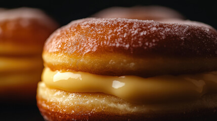 A mouthwatering shot of a sugar-dusted, cream-filled donut, perfect for any sweet occasion. A close-up shot of a delectable cream-filled donut, glistening with sugary glaze, perfect for a sweet treat