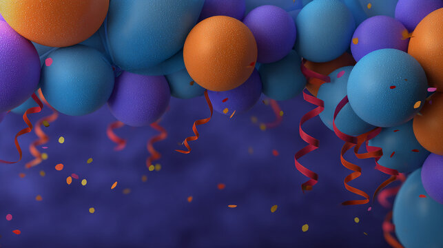 Cluster of textured balloons in orange, blue, purple hues, with confetti and ribbons below, suggesting celebration and festivity, ideal for party invitation or celebratory background