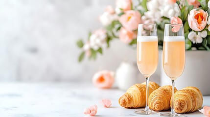 Champagne toast with croissants elegant table setting floral centerpiece bright atmosphere