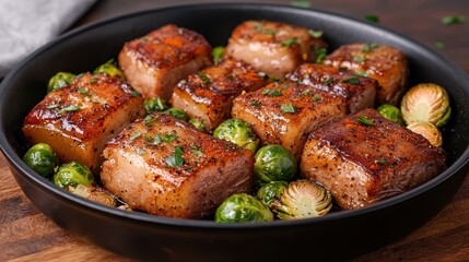Fototapeta premium Deliciously Cooked Pork Belly with Brussels Sprouts in a Pan