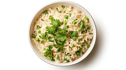 Isolated bowl of Asian-style garlic fried rice with peas and herbs, garnished with fresh parsley. isolated on white background