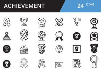 Achievement vector icons set of trophy, medal, badge, ribbon, crown, podium, certificate, success, goal, winner, champion, first place, star, reward, recognition, ambition, milestone editable Set