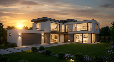 Striking Modern Residence with Expansive Windows and Sunset Glow