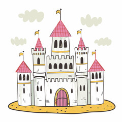 Colorful castle illustration with whimsical design showcasing towers and flags, set against a light background, representing fantasy and creativity.