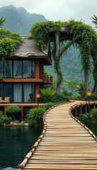 Fototapeta premium luxurious modern resort seamlessly integrated into lush greenery by a tranquil lakeside, featuring large glass windows, sliding doors, and expansive wooden decks