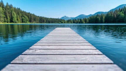 Serene Wooden Dock Overlooking Tranquil Lake and Lush Forest View