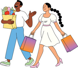 Happy Couple Walking with Groceries and Shopping Bags