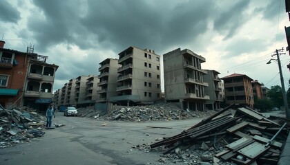 Fototapeta premium Crumbling buildings, debris-strewn street, overcast sky; aftermath of war, wreckage, desolate